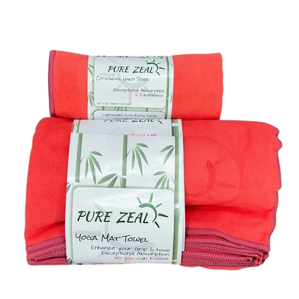 Pure Zeal Yoga Mat Towel & Hand Towel Set Coral Exercise Quick Dry‎ Eco Friendly
